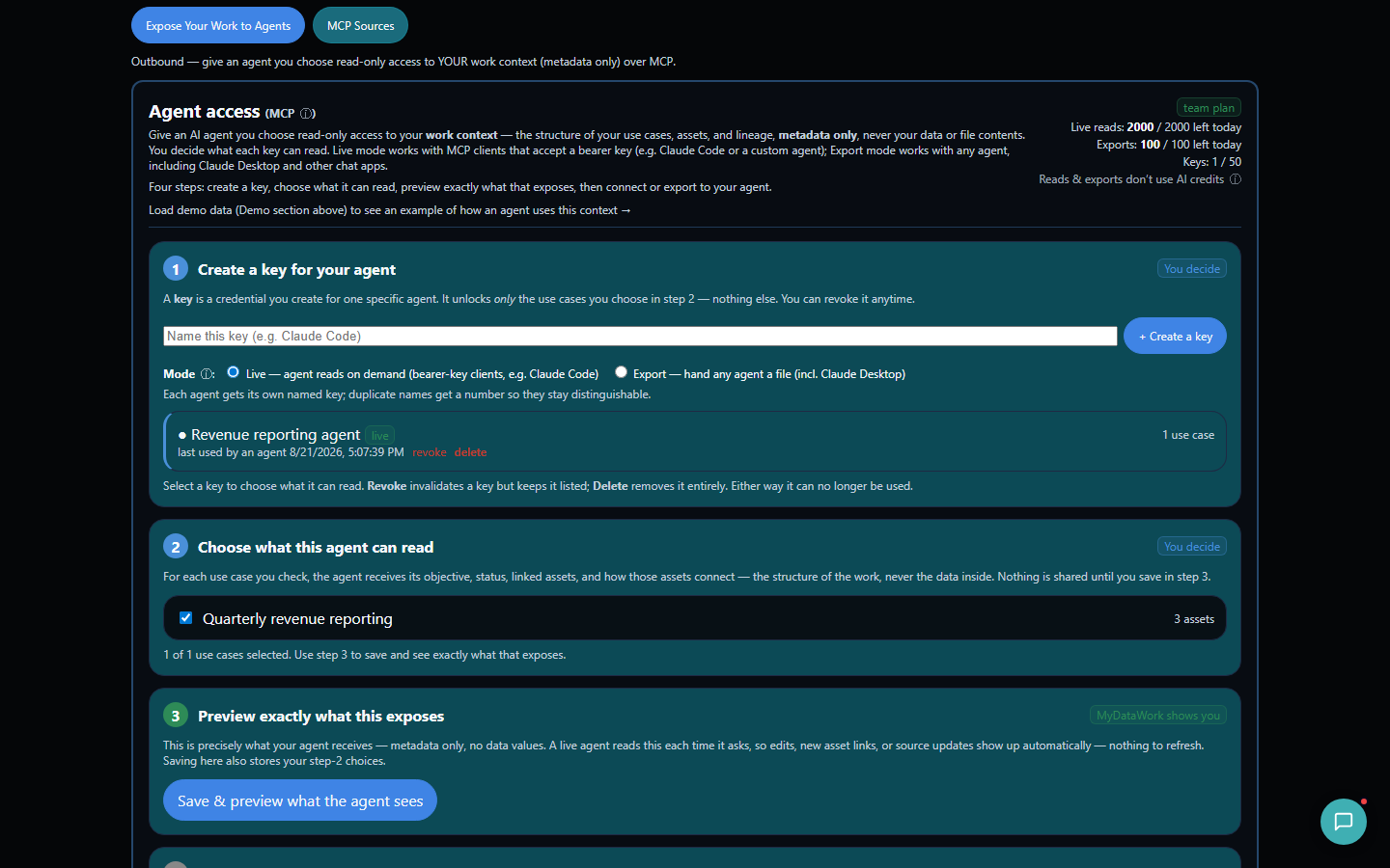 Agent access panel showing a key with one granted use case and a preview of exactly what the agent receives