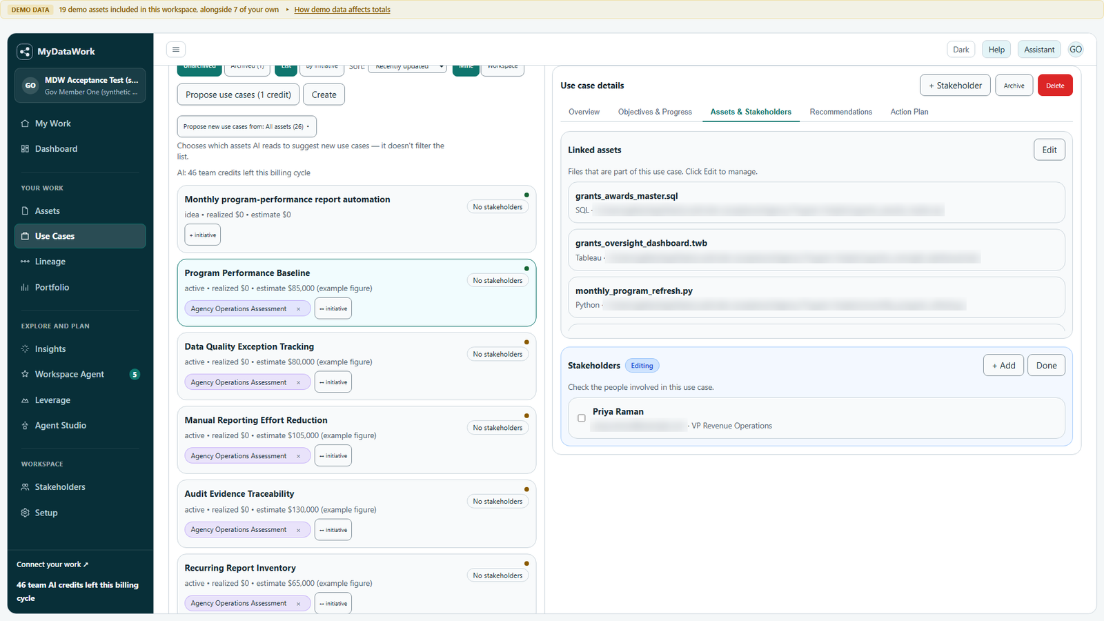 Link the supporting assets to an agency use case and keep stakeholder context alongside the work. Synthetic demonstration workspace.